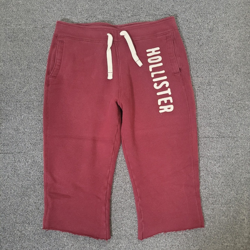 Hollister Size Large Sweat Shorts Womens Maroon Logo Raw Hem Drawstring Pockets